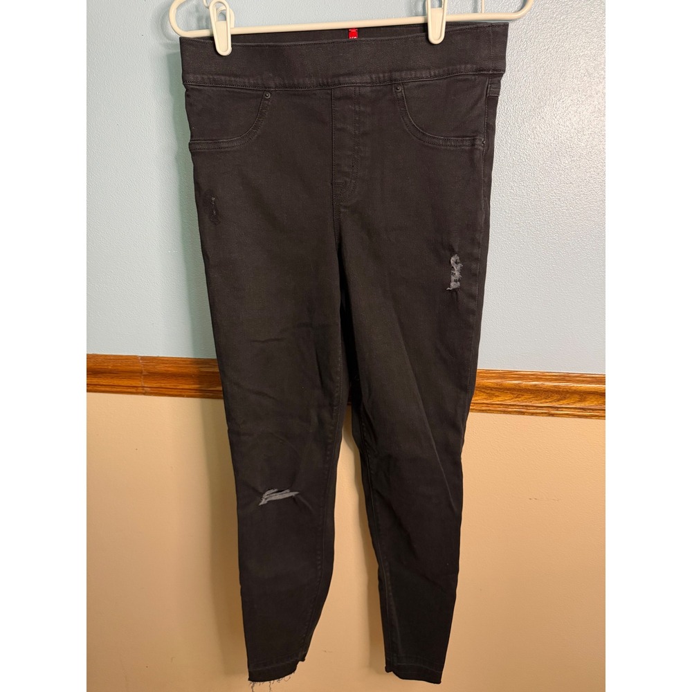 Spanx Black Distressed Ankle Skinny Jeans 20213R Frayed Hem Womens Medium